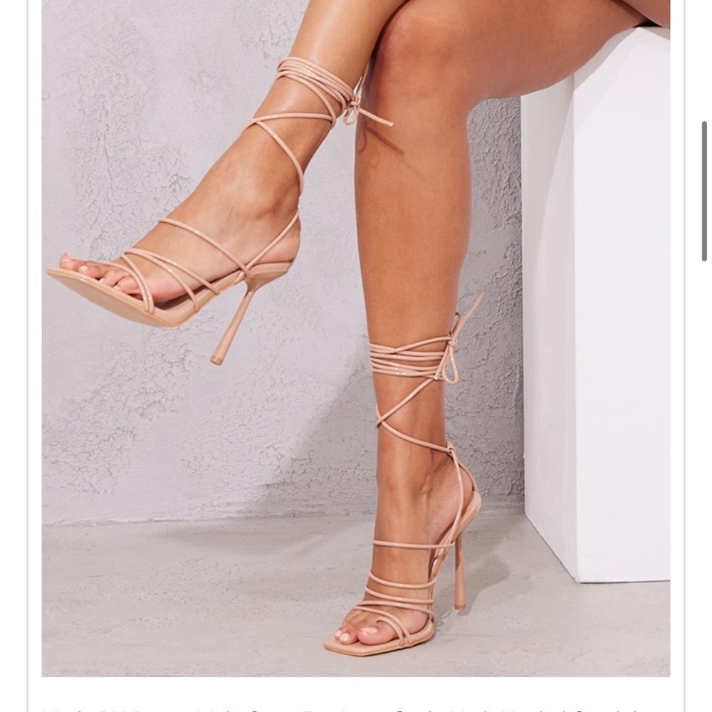 PLT Nude Patent Multi Strap Toe Loop Heels